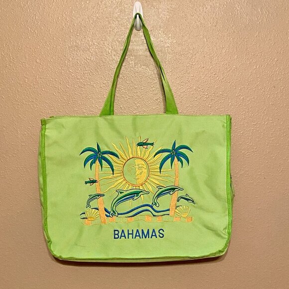 Bahamas embroidered large Tote Sun, Dolphins, Palm Trees Zipped Closure - Picture 1 of 11